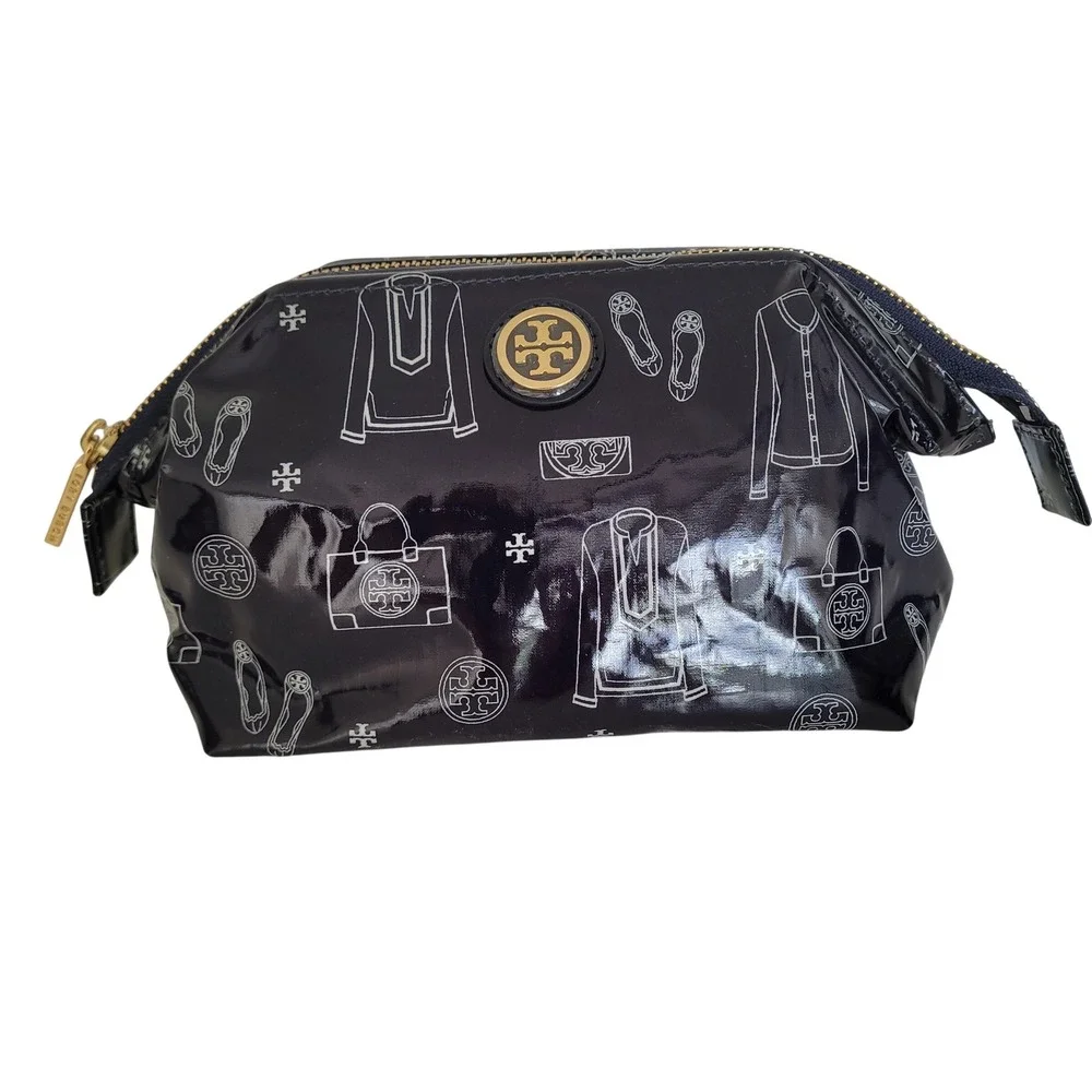 Tory Burch Navy Blue Patent Illustrative Print Cosmetic Bag Makeup Case Gold Log